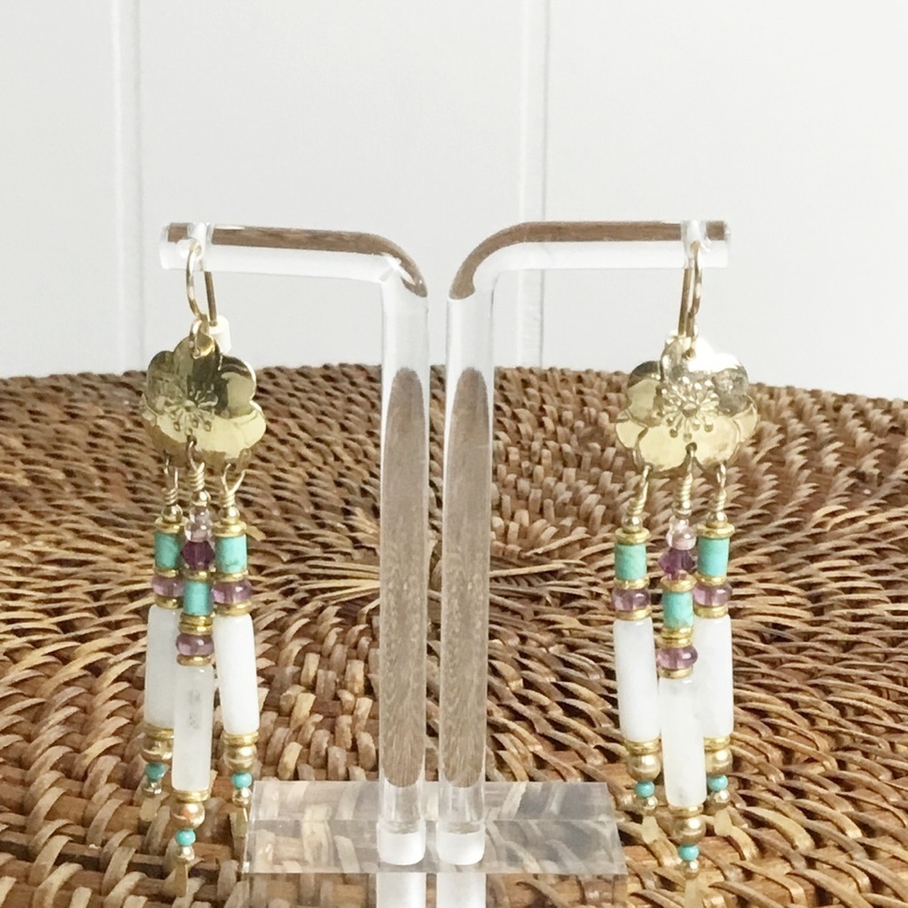 Dangle Gold Toned Floral Beaded Earrings White Quartz